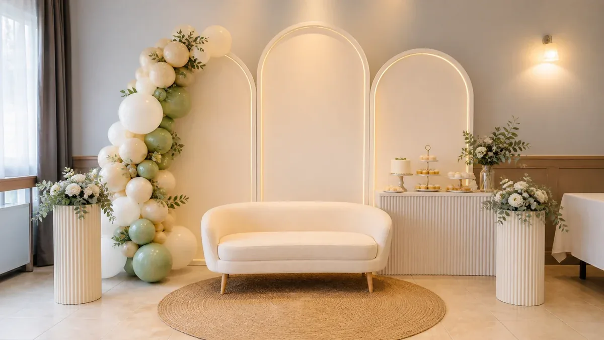 Adaçayı ve krem tonlarında sıcak baby shower dekorasyonu