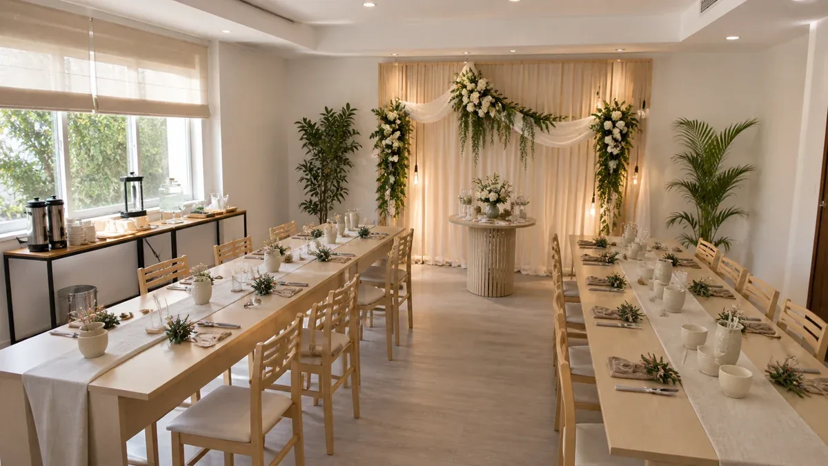 Çiçek atölyesi için hazırlanan işlevli workshop masa düzeni